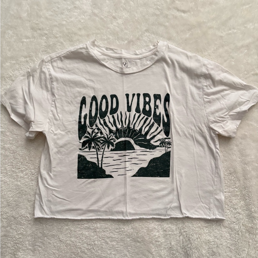 Good Vibes Graphic Crop Tee - White with Green Print